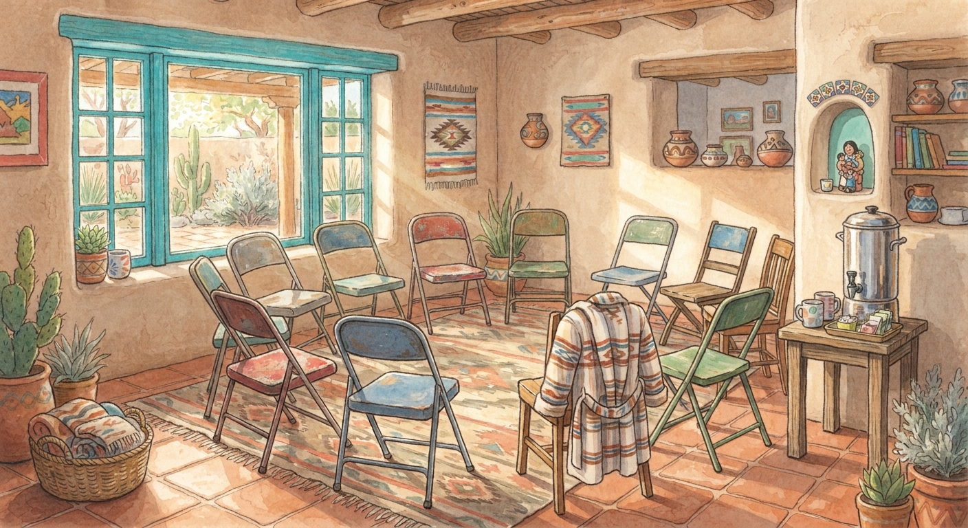 Watercolor illustration of an empty Alcoholics Anonymous meeting circle with mismatched folding chairs, a coffee urn, and traditional Santa Fe adobe architecture.